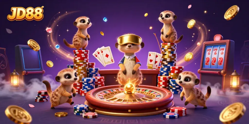 Experience the thrilling JD88 casino with meerkats running games amidst gold and gems.