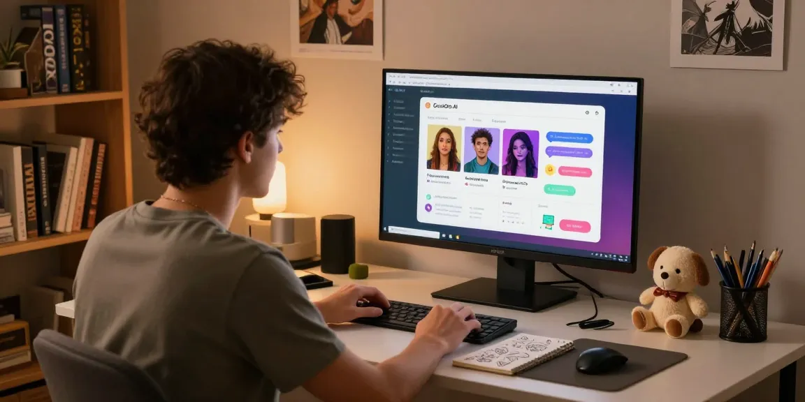 Engaging user interacting with character AI nsfw in a cozy home workspace featuring a colorful chat interface.
