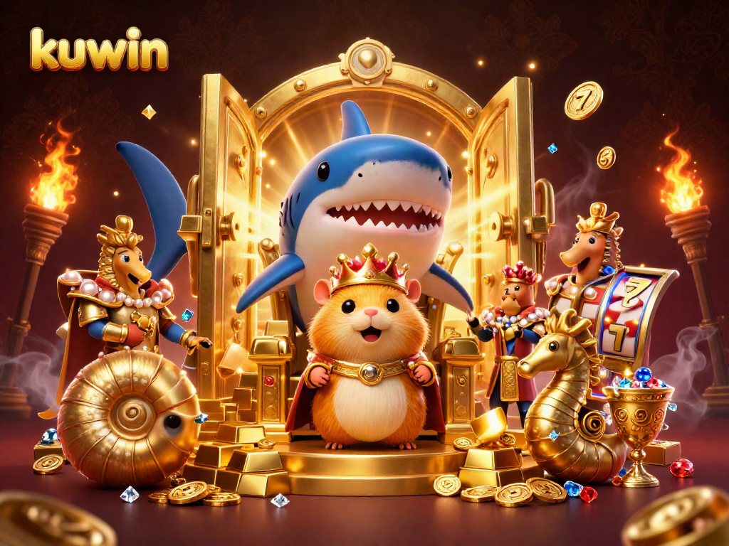 Kuwin's vibrant casino scene features a golden hamster king at the helm of thrilling slots and treasures.