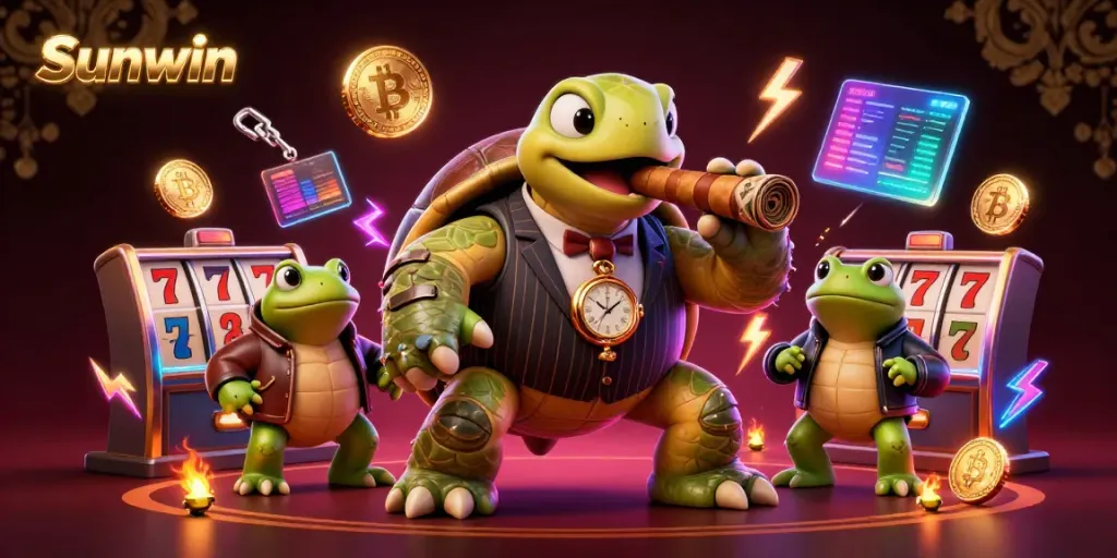 Experience the exciting world of Sunwin with a vibrant 3D casino scene featuring a grabbing snapping turtle and bullfrog enforcers surrounded by gaming elements.