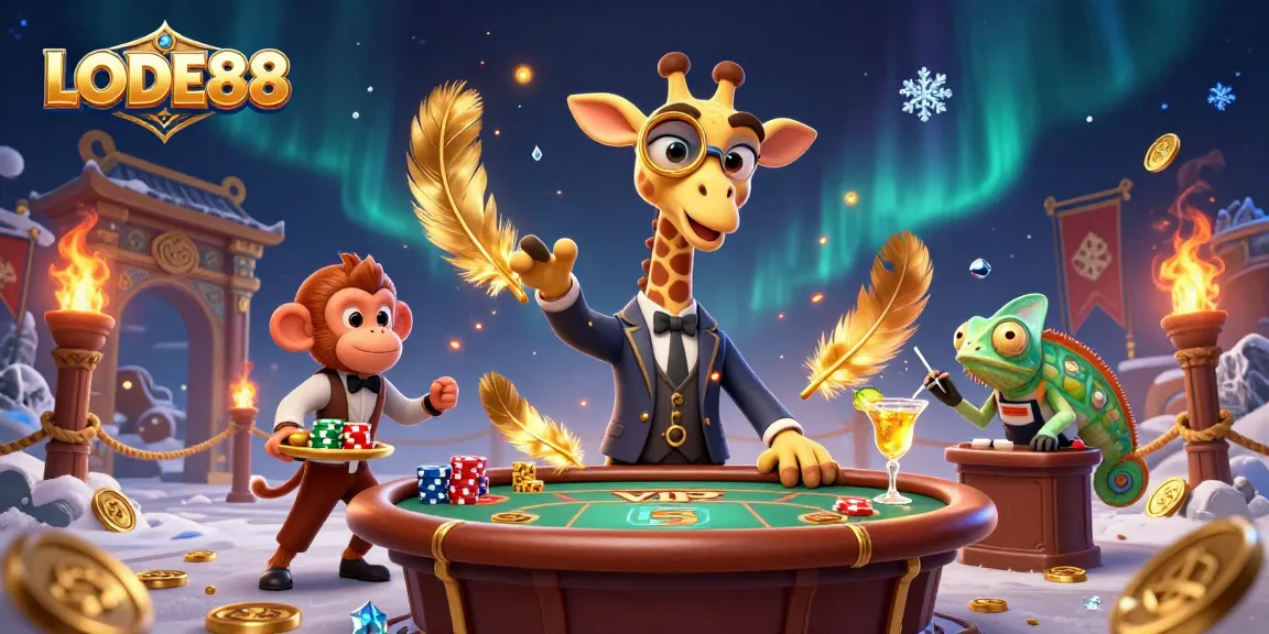 Bet on LODE88 with a high-roller giraffe at a dynamic casino scene featuring poker tables and vibrant decorations.