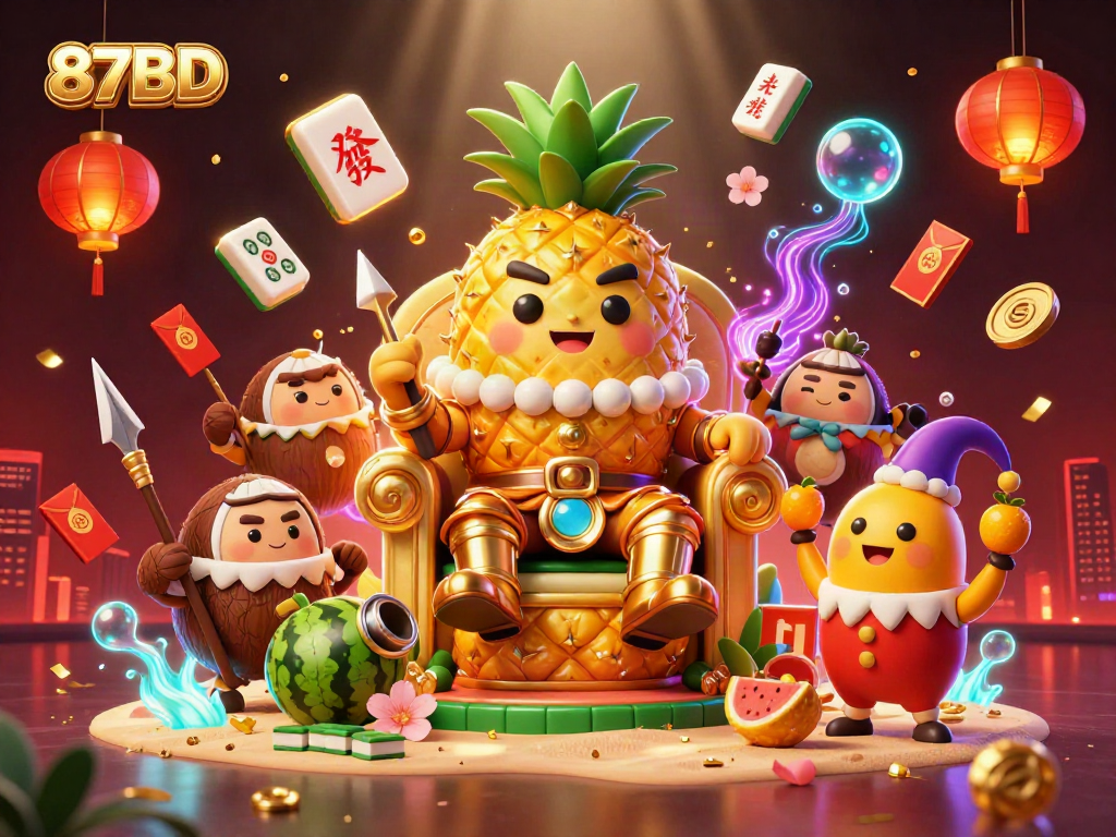 Play exciting casino games with 87BD's vibrant 3D animation showcasing golden pineapple king and festive elements.