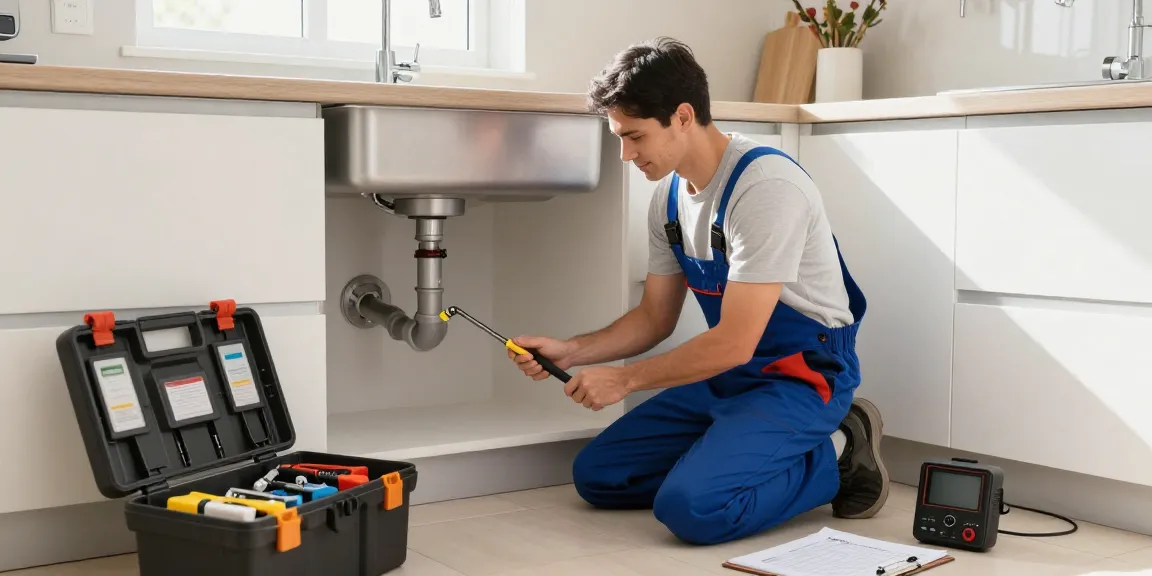 Professionele ontstoppingsdienst aan het werk in moderne keuken voor het oplossen van verstopte leidingen.