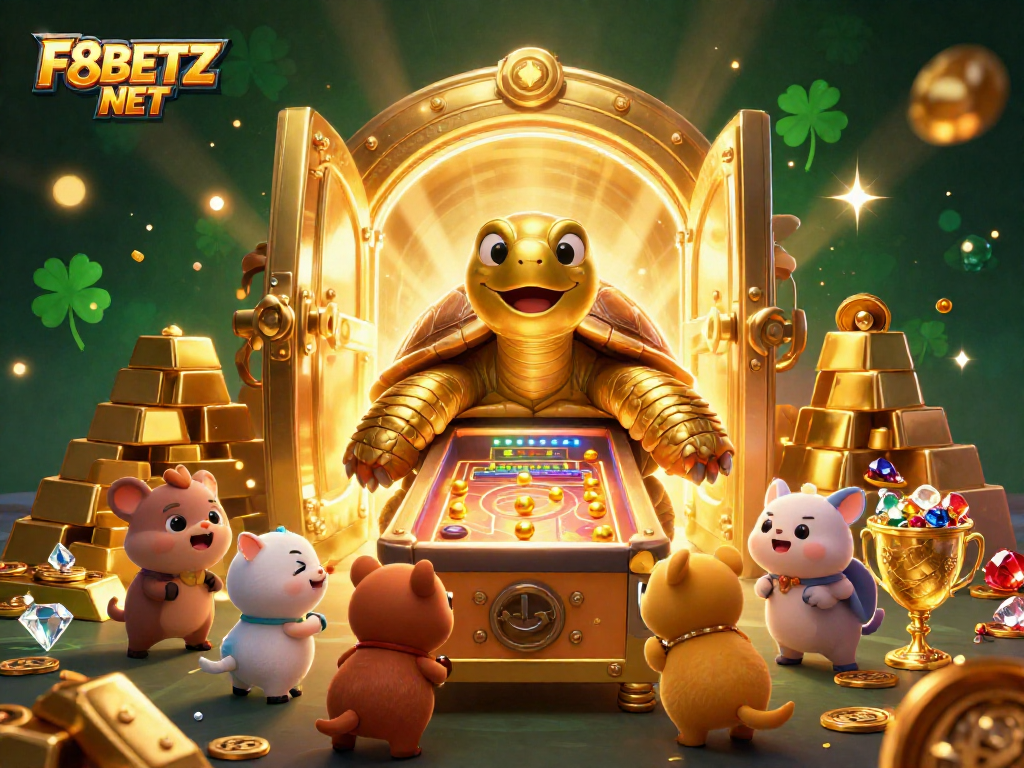 Engage with the vibrant F8BETZ NET gaming scene featuring a golden tortoise and treasure vaults.