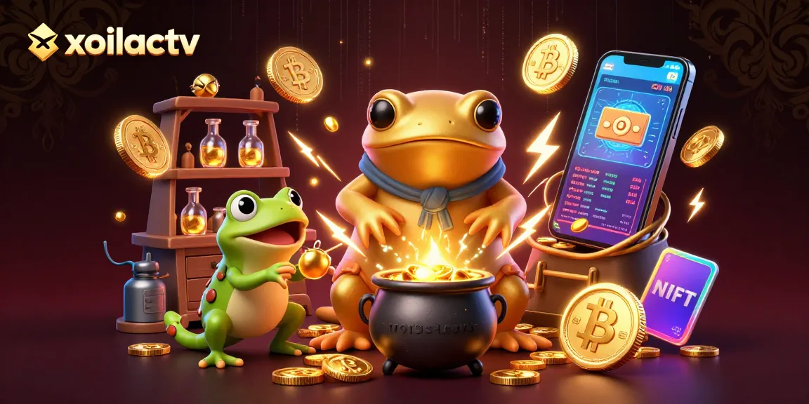 Xoilactv showcases a vibrant, animated scene of a golden salamander alchemist creating gold coins, surrounded by crypto elements.