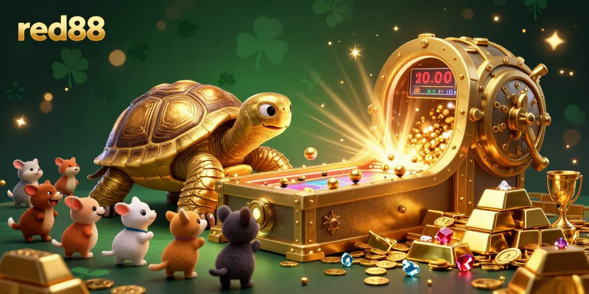 Experience the thrill of red88 with a dynamic scene featuring a colossal golden tortoise pinball machine amid treasure and gaming excitement.