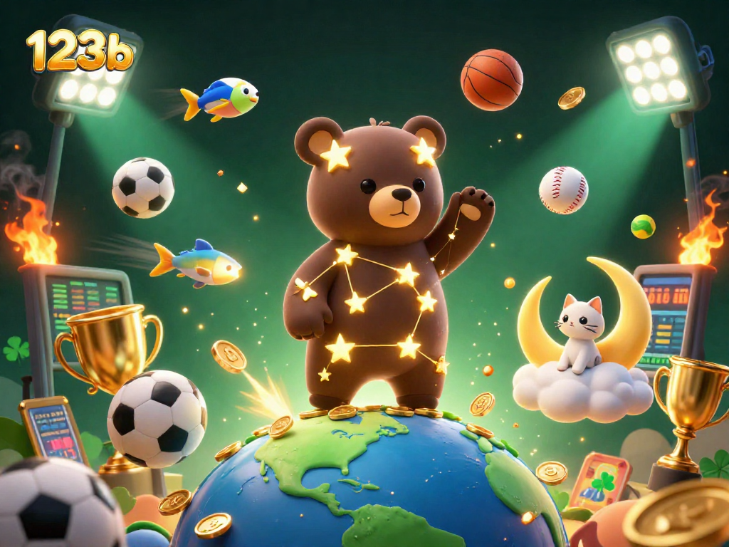 Experience thrilling betting with 123b as the constellation bear scoops coins, surrounded by dynamic sports elements.