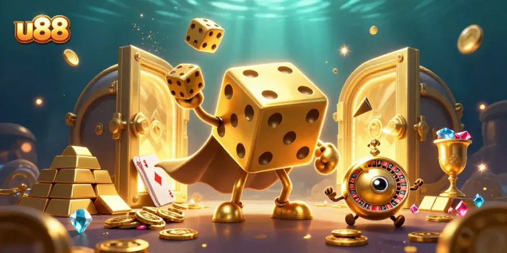 Experience thrilling gameplay at u88 with a dynamic, vibrant casino scene featuring golden dice and treasures.