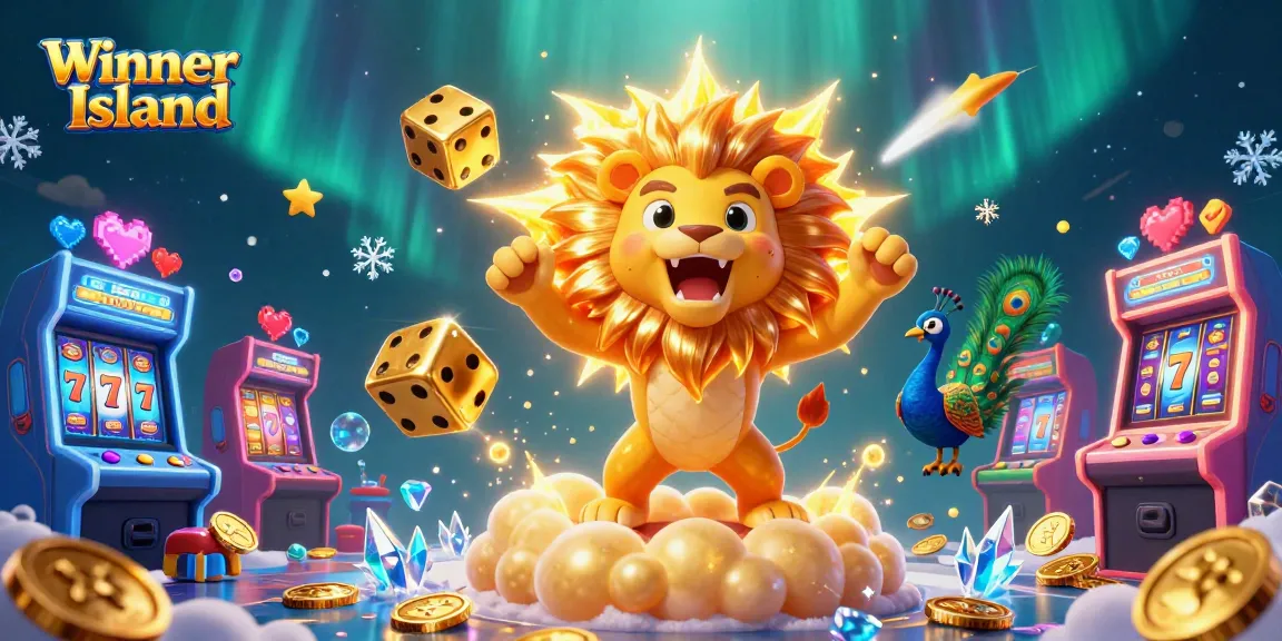 Engage in thrilling gaming at Winner Island with vibrant slot reels and vibrant casino elements.