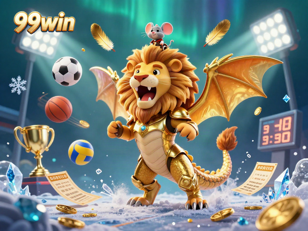 Experience thrilling action with 99win, where a chimera and mouse jockey conquer the gaming scene amidst dynamic sports elements.