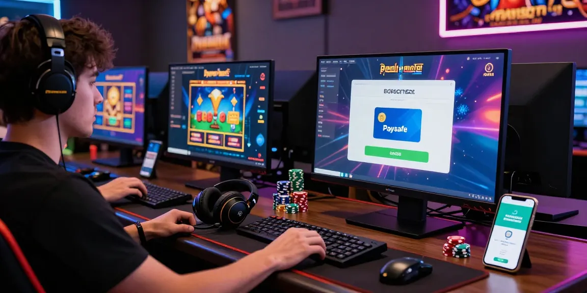Gamer, der in ein Paysafe Card Casino Erlebnis eintaucht und lebendige Bildschirme sowie Gaming-Zubehör in einer aufregenden Online-Umgebung zeigt.