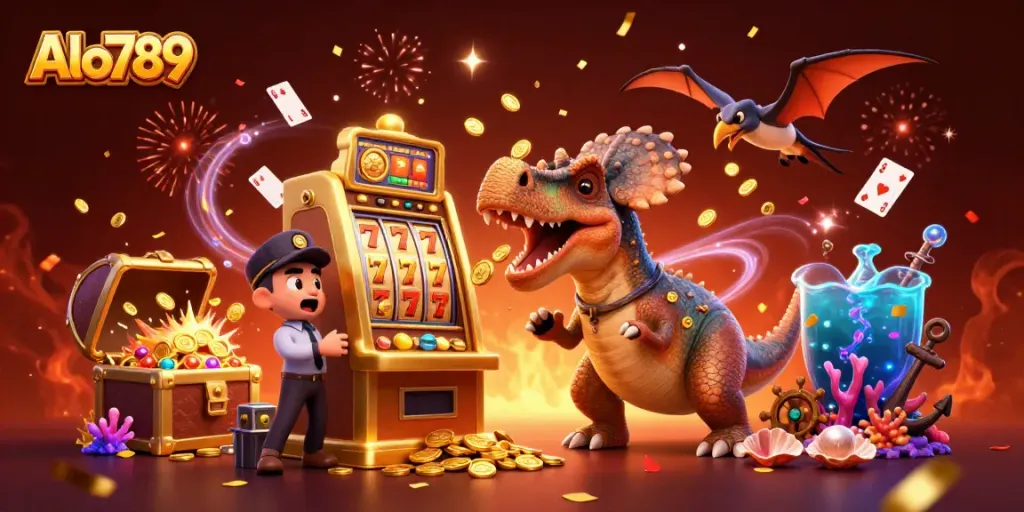 Alo789 players enjoy thrilling jackpots in a vibrant 3D casino scene, featuring dynamic characters amidst festive golden coin celebrations.