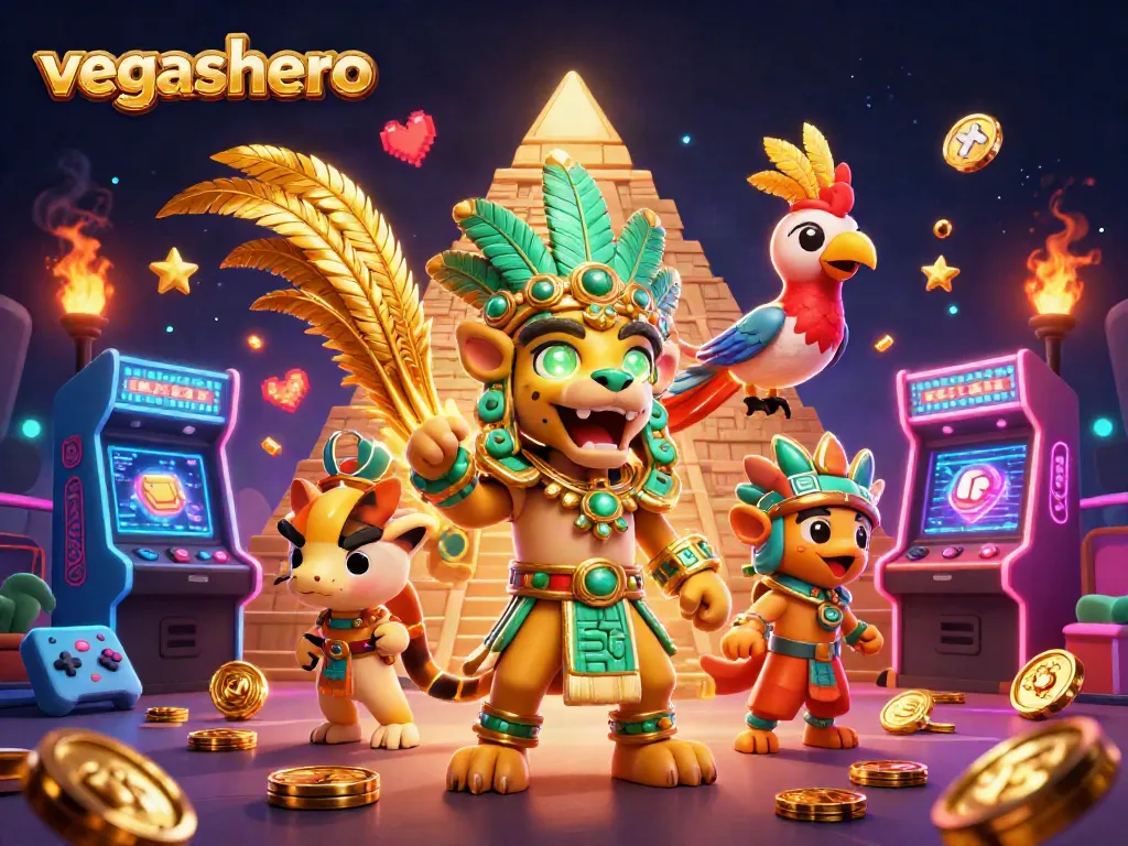 Experience vegashero's exciting jackpot games with the 3D Mayan priest and a quetzal bird in action.