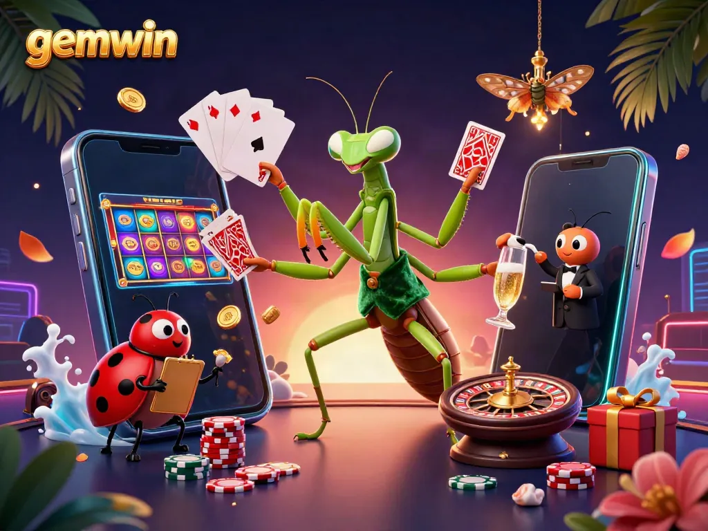 Experience thrilling gameplay at gemwin with dynamic scenes featuring casino card games and slot machines.