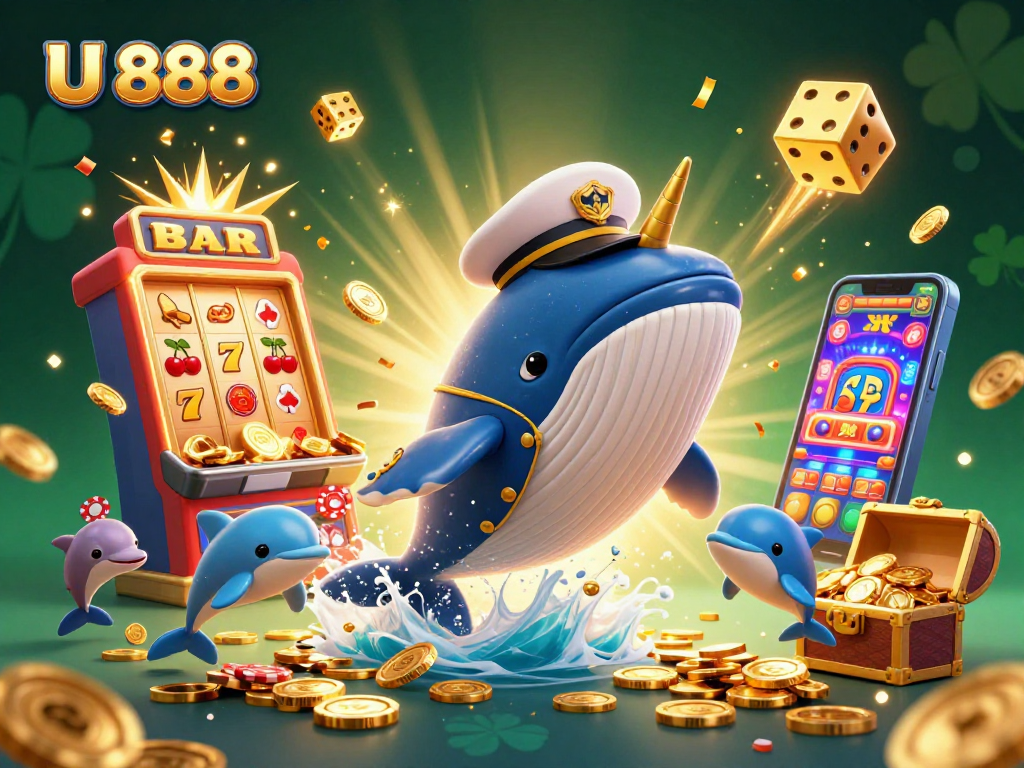 Engage with U 888's vibrant 3D casino illustration featuring a whale, narwhal, and playful dolphins.