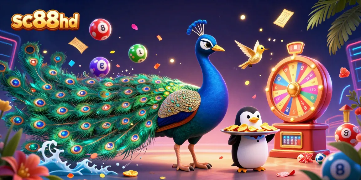 Experience the thrill of sc88hd with a peacock, penguin, and hummingbird in a rich lottery scene.