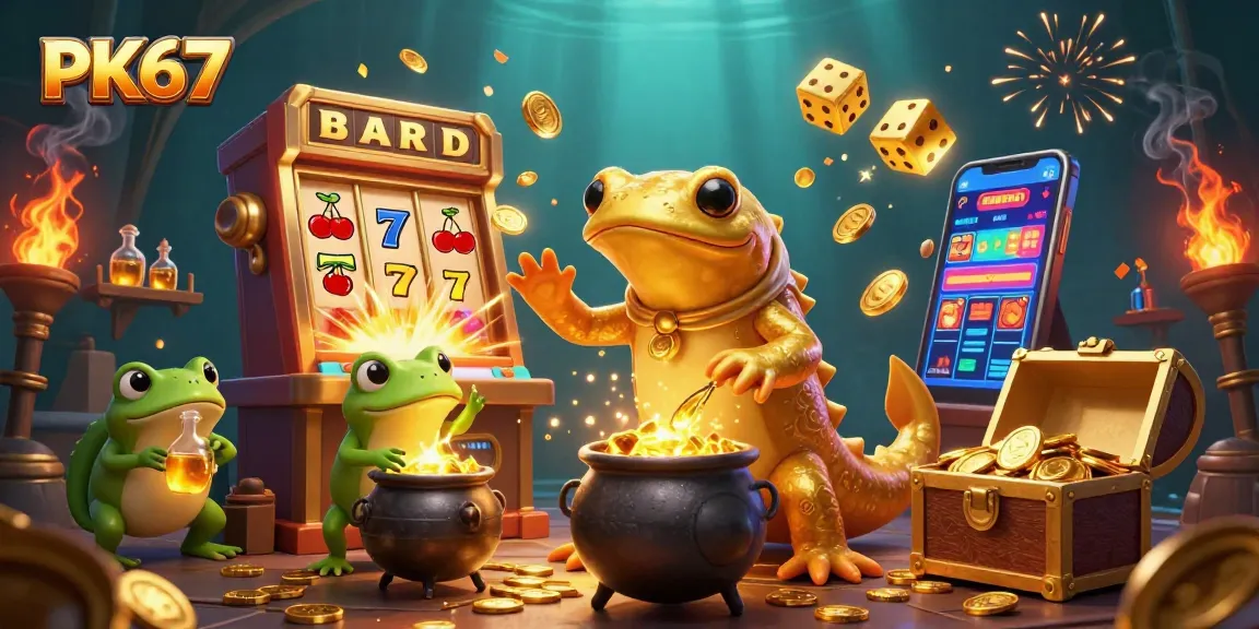 Engage with PK67's magical casino world featuring a salamander and gold coins amidst vibrant game elements.