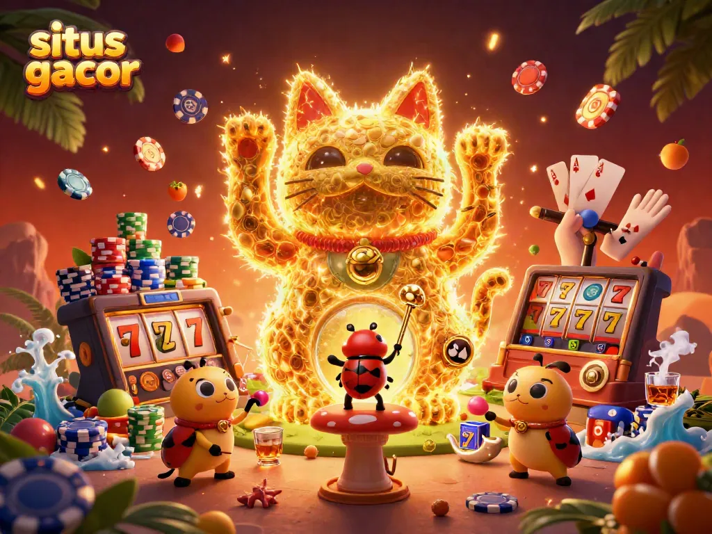 Berada di antara simbol slot, situs gacor muncul dengan kucing keberuntungan dan kunang-kunang yang dinamis.