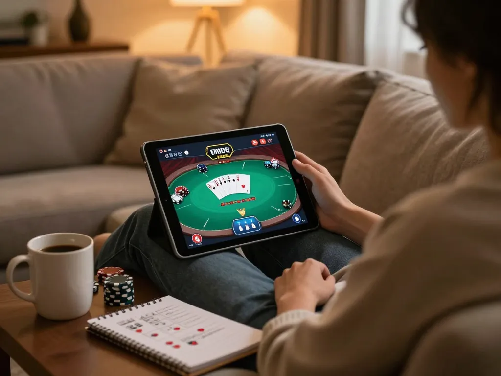 Engaging in online poker game on uk88in with strategic notes and warm home ambiance.