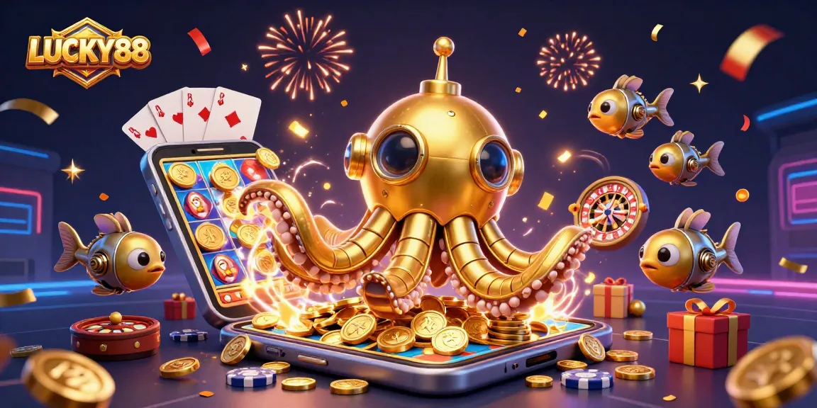 Engage in LUCKY88 excitement with golden kraken and slot gaming elements in vibrant 3D scene.