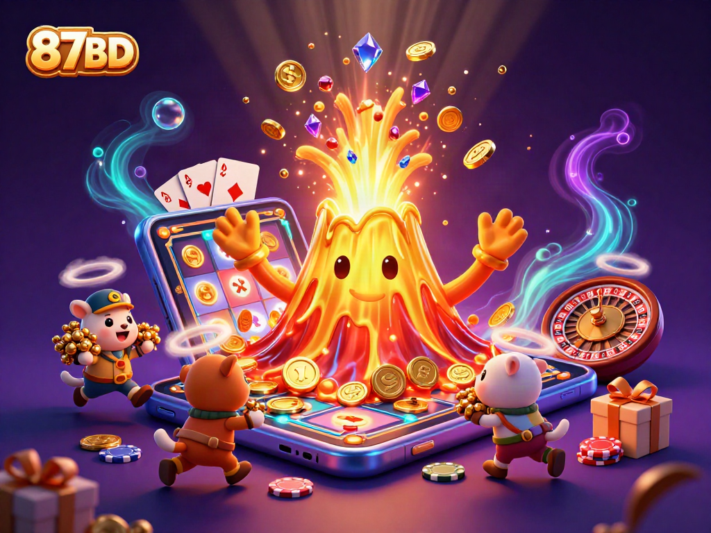 Engage with the excitement of 87BD as the golden volcano erupts coins and riches in a casino adventure.