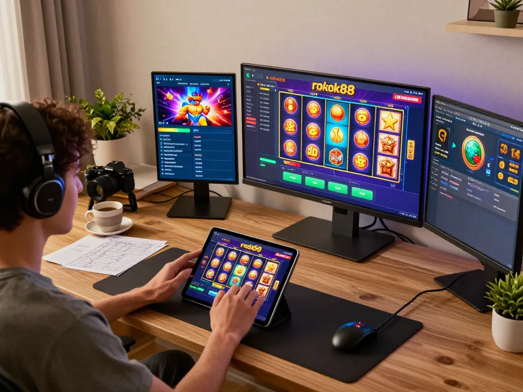 Bermain rokok88 slot di tablet di kantor rumah yang nyaman sambil menikmati kopi dan catatan strategi.