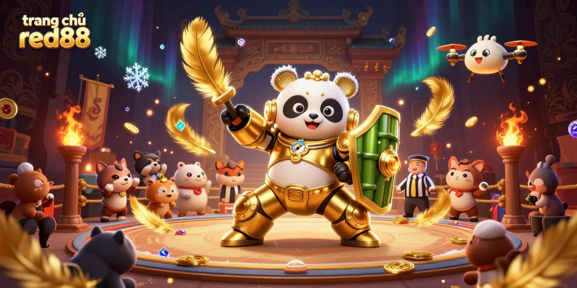Engage with exciting battles at trang chủ red88, featuring a golden panda battling in a vibrant arena.