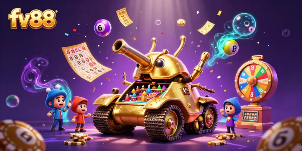 Experience lively gaming action at fv88 featuring a golden beetle tank casino with joyful patrons.