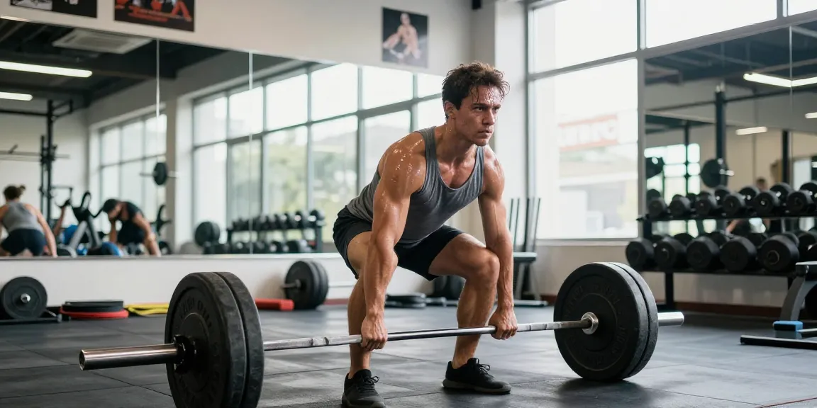 Prime Pharma Steroiden Winkel - Atleet in de sportschool voert deadlift uit met zware gewichten, gefocust op fitness.