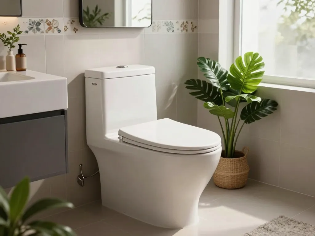 Compacte korte wc pot in modern badkamer met randloos ontwerp en langzame sluiting zitting.