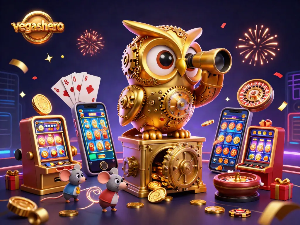 VegasHero showcases lively gameplay with a clockwork owl and animated characters in a vibrant casino scene.