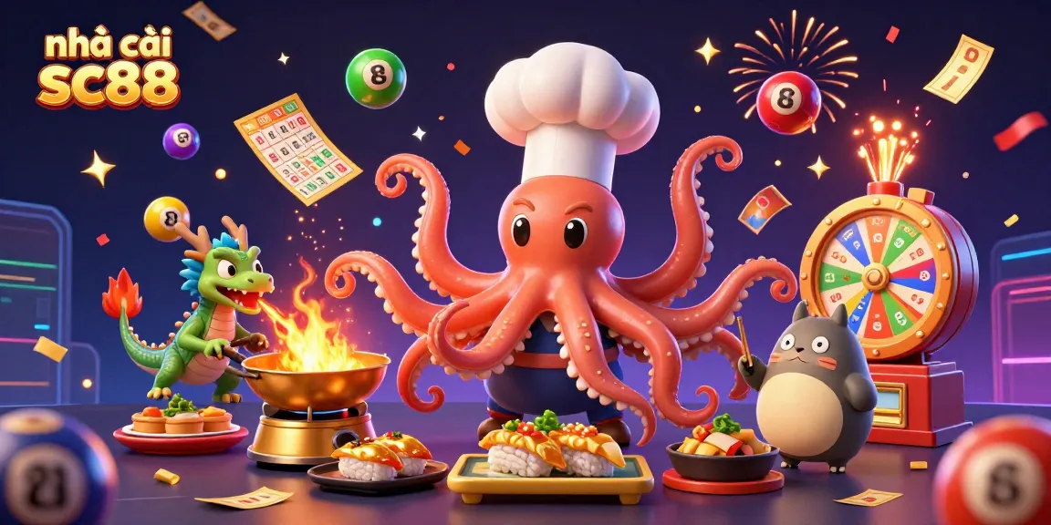 Engage with nhà cái sc88 in this vibrant 3D casino illustration featuring an octopus chef, dragon, and tanuki.