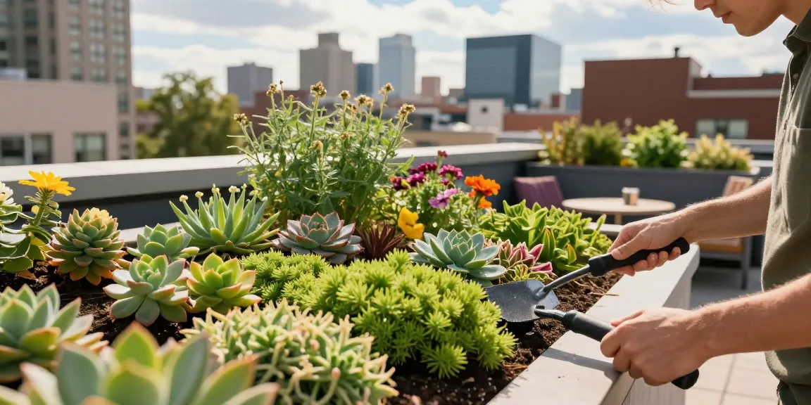 Groen dak met kleurrijke sedum en planten met stadsgezichten op de achtergrond, dat stedelijke duurzaamheid benadrukt.