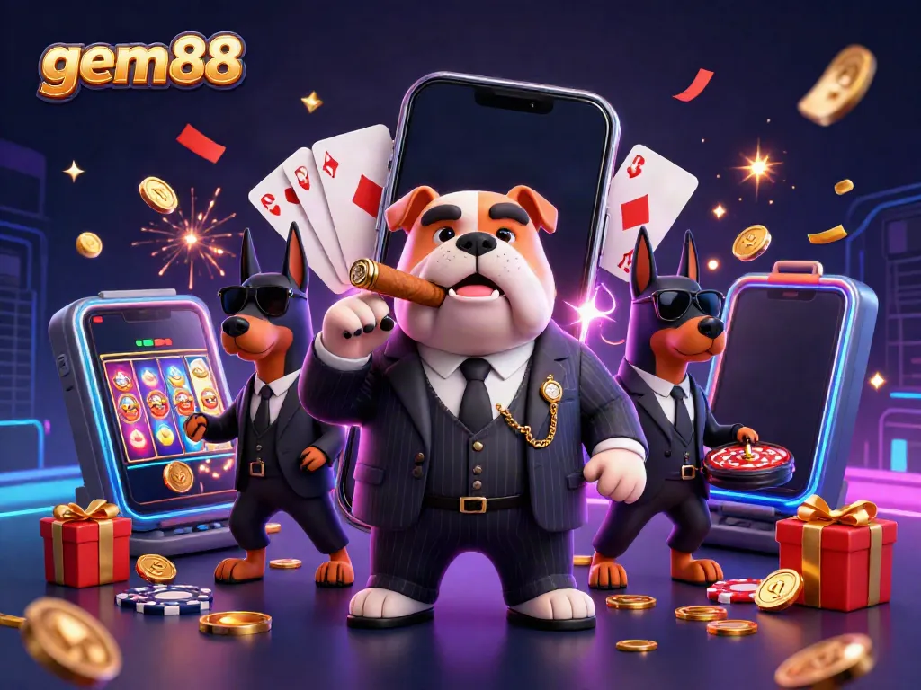 Gameplay action at gem88 featuring a mafia boss bulldog and dynamic slot game elements.