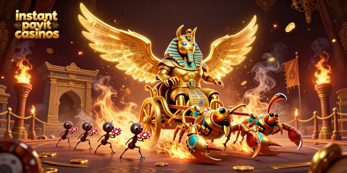Experience instant payout casinos with a colossal golden scarab beetle and scorpion chariot scene.