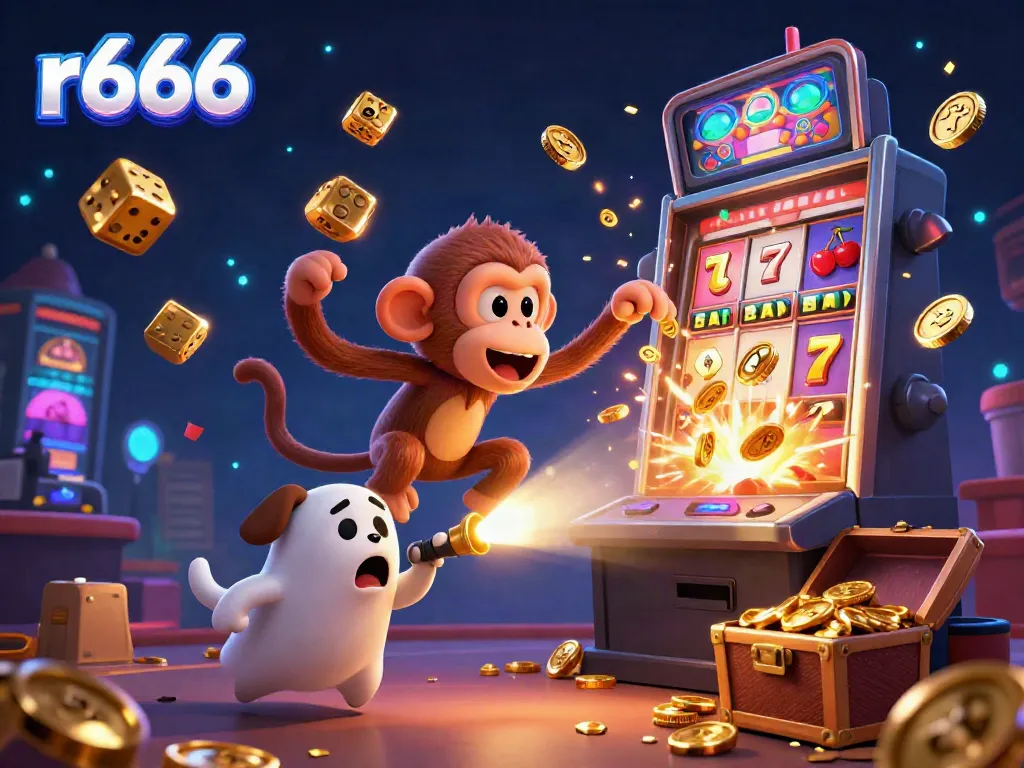 Engage in mesmerizing casino fun with r666, featuring a mischievous monkey and ghost-hunter puppy in a lively jackpot scene.