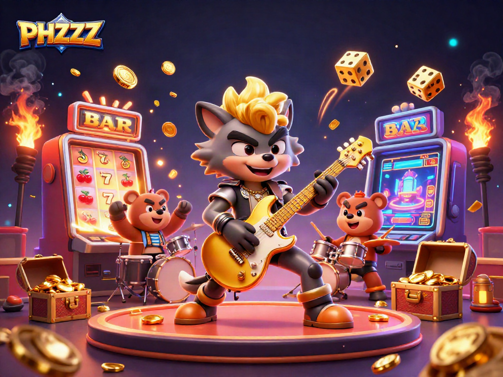 Experience the excitement of PHZZZ with dynamic slot machines and cartoon characters bringing energy to the casino.